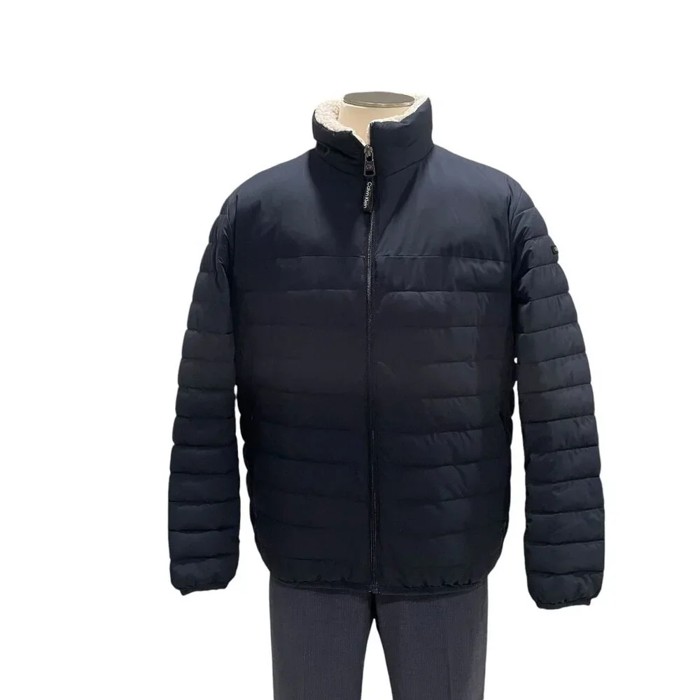 Calvin Klein Black Puffer Jacket L Water Resistant Sorona Aura‎ Faux Fur Lining